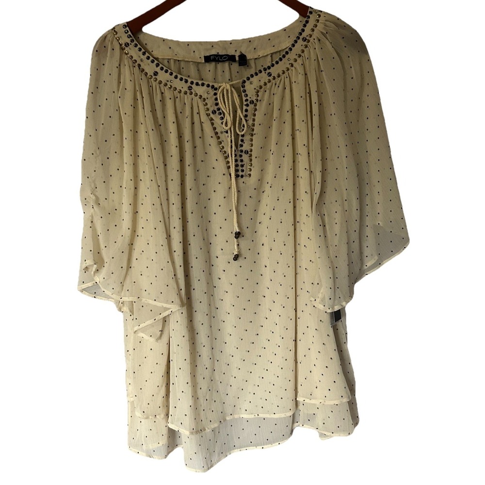 Women's Fylo Beige Polka Dot Beaded Sheer Bell Sleeve Tassels Blouse Size XL NWT